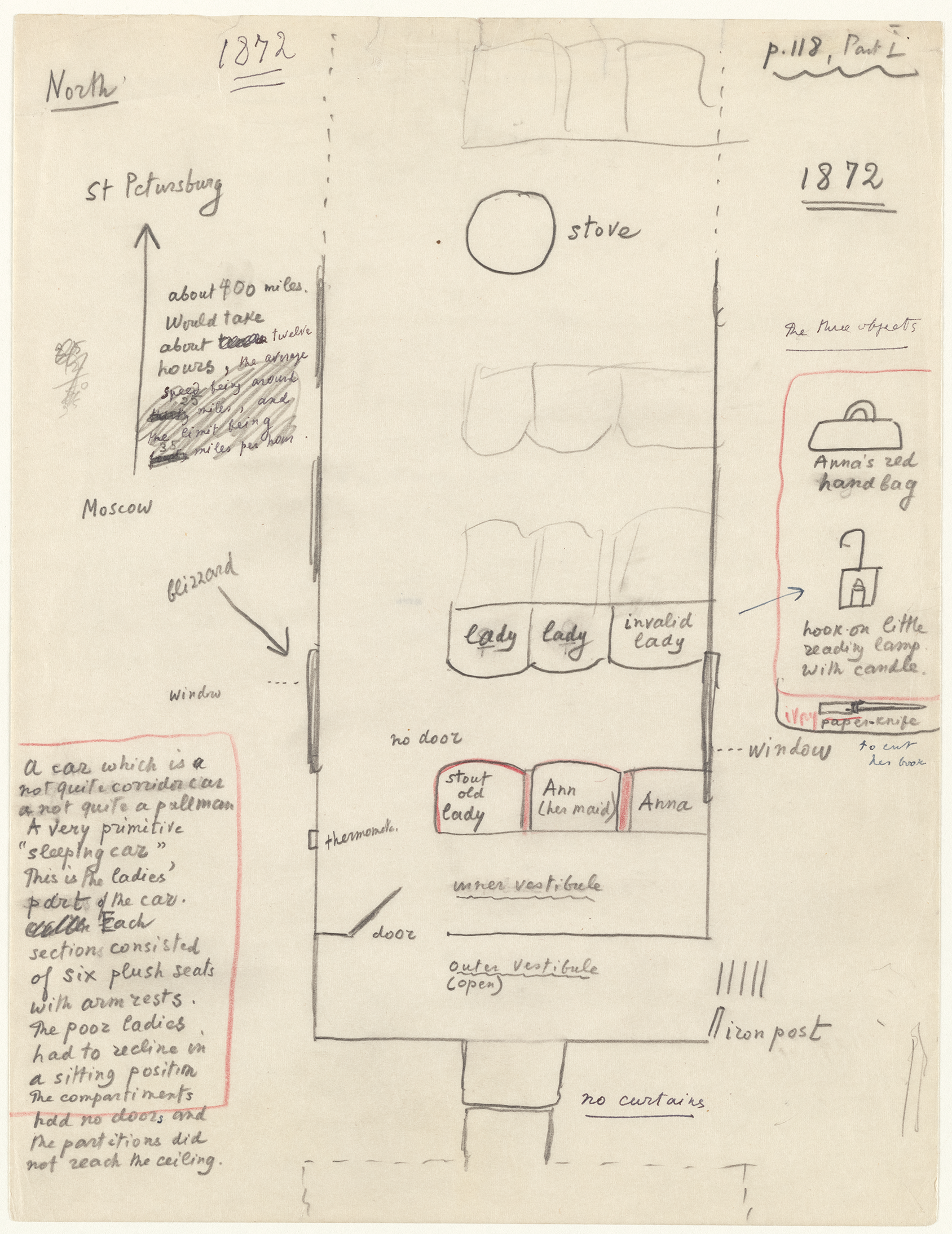 diagram of Nabokov's sketch of the train car Anna sat in based on Tolstoy's text.